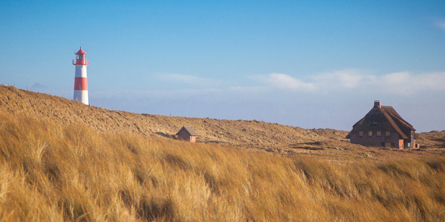 Klitlandskab på Sylt med fyrtårn i baggrunden